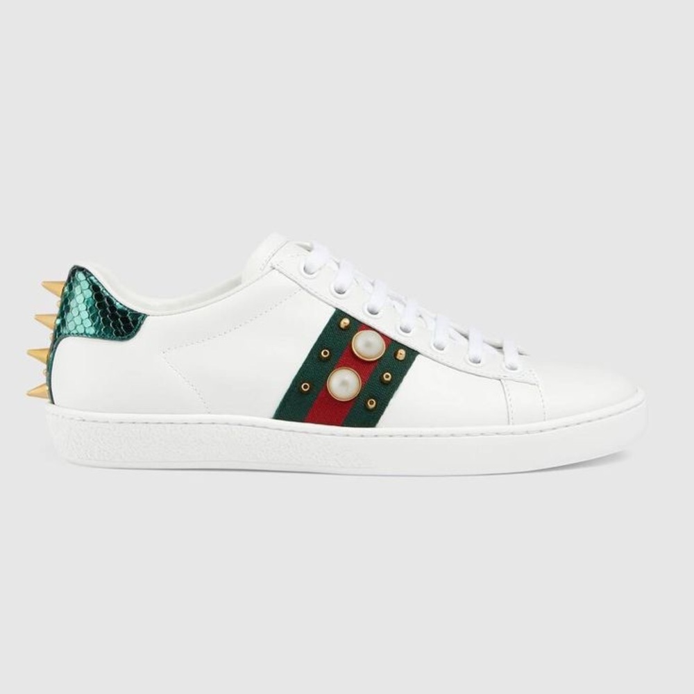 Gucci Women’s White Ace Sneakers Web Stripe + Pearl Stud + Spike Heel